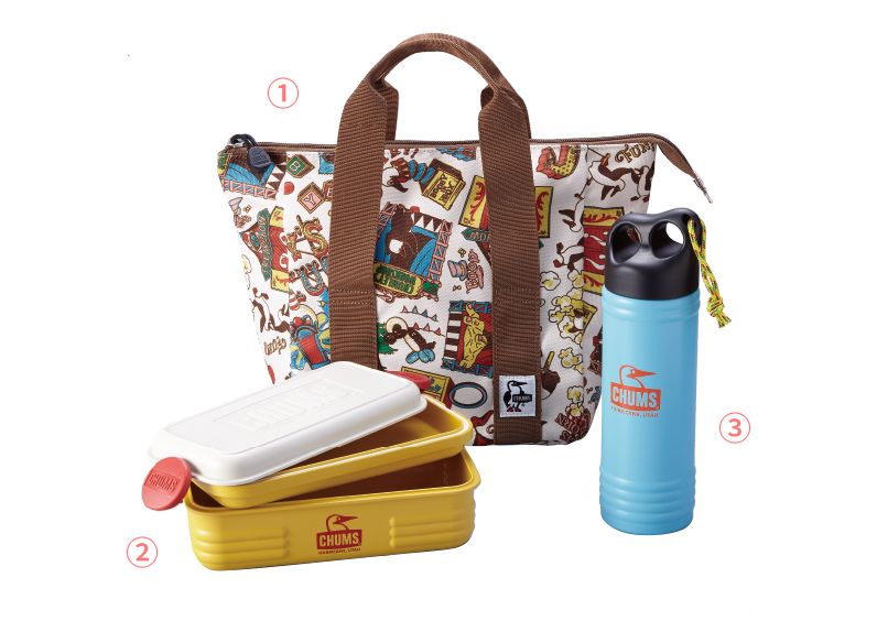 ①リサイクルお弁当トートバッグ（約4L）②フードコンテナM（約1,100mL）③キャンパーウェーブボトル500mL