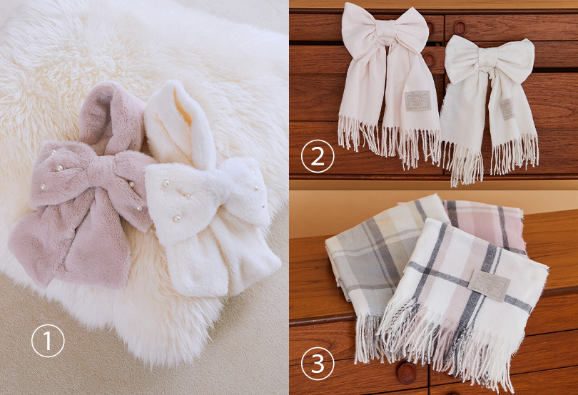 ①パールリボン付きファーティペット ②リボン付きストール ③チェックストール